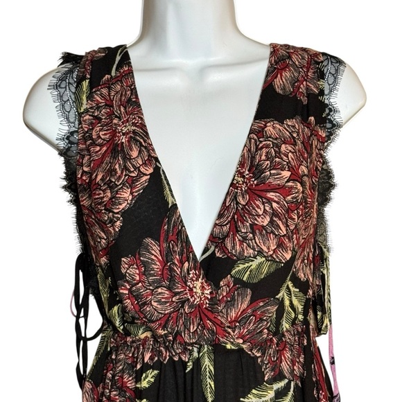 Free People Marnie Floral Plunge Tie Side Swing Mini Dress Black/Plum Sz XS - Picture 4 of 11